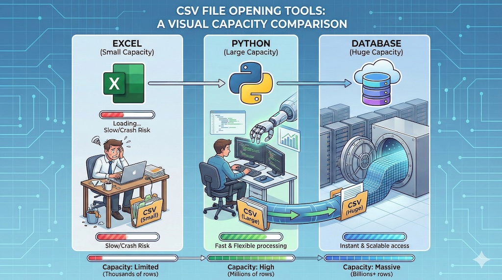 Comparison of different CSV tools based on capacity and ease of use